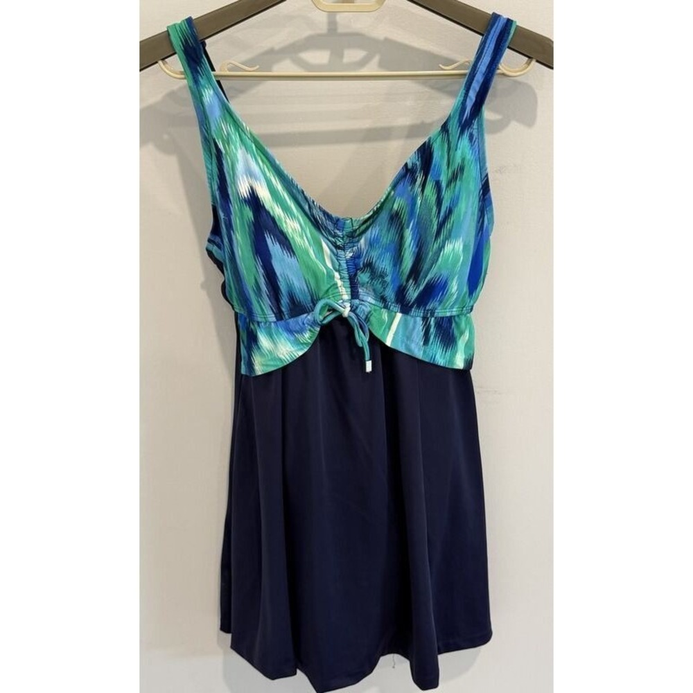 Maxine of Hollywood Swim Dress One Piece Swimsuit Blue Green Print Size 12
